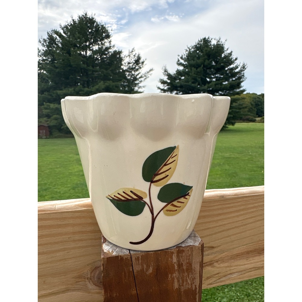 Vintage Purinton Pottery Ruffled Planter Hand Painted Green Leaf Mid Century USA